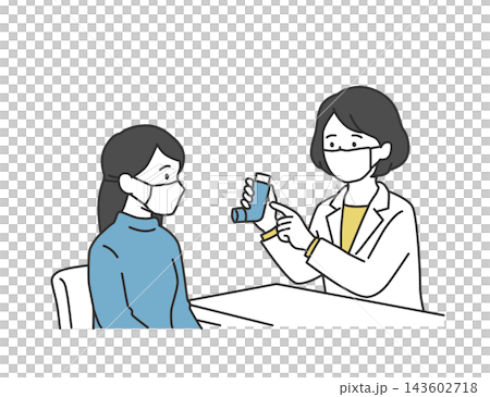 A pharmacist instructs a female patient on how to use an inhaler at the pharmacy counter. A pharmacist instructs a female patient on how to use an inhaler at the pharmacy counter. 143602718
