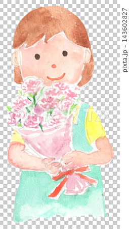 A watercolor illustration of a mother holding a bouquet of flowers she received as a gift. A watercolor illustration of a mother holding a bouquet of flowers she received as a gift. 143602827