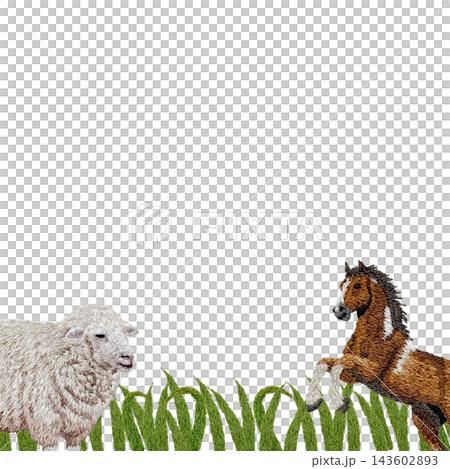 [Sheep, Horse, and Grassland Frame] Hand-embroidered illustration material 143602893