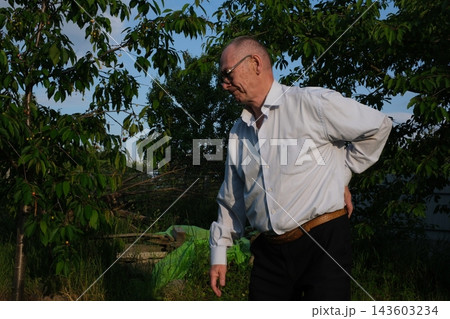 Senior man holding lower back in pain near apple tree illustrating lumbar discomfort and age related health concerns 143603234