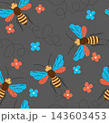 Seamless pattern with bees and flowers. Small wasp. Vector illustration. Design for invitation, cards, textile, fabric. Doodle style 143603453