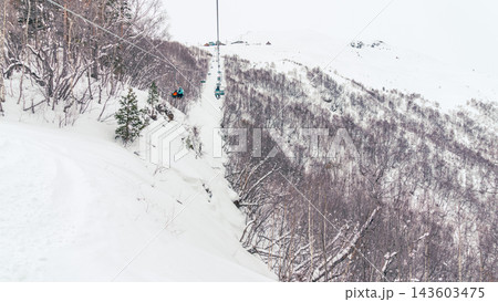 Chairlift carrying skiers up snowy Caucasus mountain slope past birch forest under overcast sky 143603475