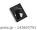 Smartphone and portable power bank with charging cable placed on a black notebook with a blue pen, isolated on a white background 143603791