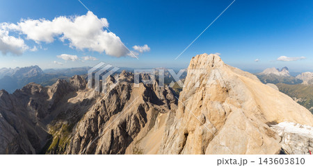 Wide panoramic high altitude view from Marmolada summit, Dolomites, Italy 143603810