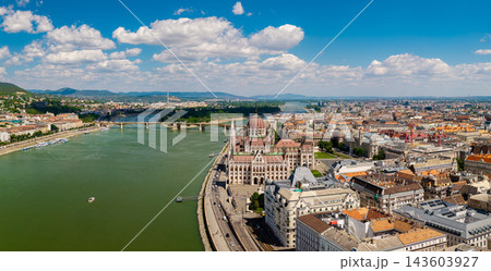 Aerial Panorama of the Hungarian Parliament Building on the Danube in Budapest 143603927