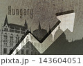 Hungary economy on the rise with upward arrows over Budapest skyline, symbolizing financial growth, market recovery, business success and positive national development trends 143604051