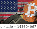 US flag merging with bitcoin symbol and financial chart on a distressed wall representing economic ties, market trends, digital currency policies, and global finance impact 143604067