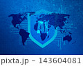 AI cybersecurity shield over a textured blue world map, protecting global communication networks and data with secure digital defense and futuristic technology connections 143604081