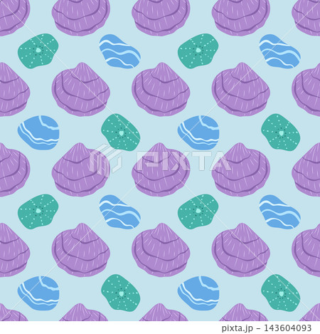 Seashells seamless pattern vector illustration. Purple scallop shells, blue sea stones and teal pebbles on light blue background. Calm nautical repeat tile design for summer textile, fabric, wrapping Seashells seamless pattern vector illustration. Purple scallop shells, blue sea stones and teal pebbles on light blue background. Calm nautical repeat tile design for summer textile, fabric, wrapping 143604093