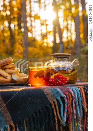 Autumn Picnic Table With Tea, Orange Slices and Red viburnum berries, traditional bagels and colorful forest backdrop create inviting seasonal setting 143604593