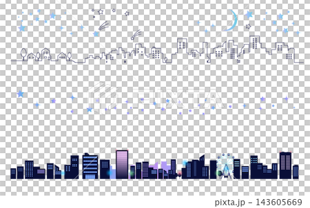 A set of illustrations depicting a cityscape at night with falling stars. Includes background illustrations, cityscapes, and header images. A set of illustrations depicting a cityscape at night with falling stars. Includes background illustrations, cityscapes, and header images. 143605669