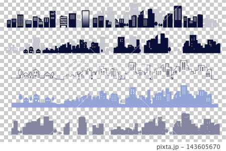 A set of line drawings and silhouette illustrations of simple cityscapes - background illustrations, line drawings A set of line drawings and silhouette illustrations of simple cityscapes - background illustrations, line drawings 143605670