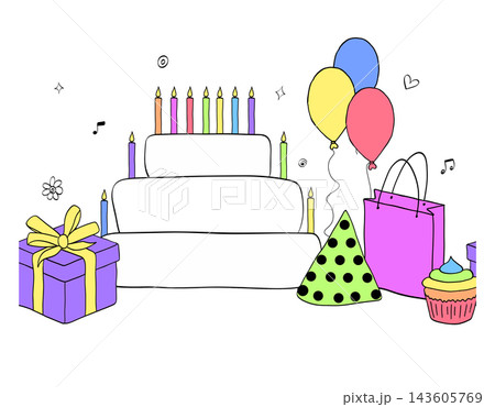 Happy birthday seamless border horizontal colored hand drawn illustration. Vector graphic line ink art. cake, candles, gifts, balloons. Sample poster, invitation, holiday banner, postcard. 143605769
