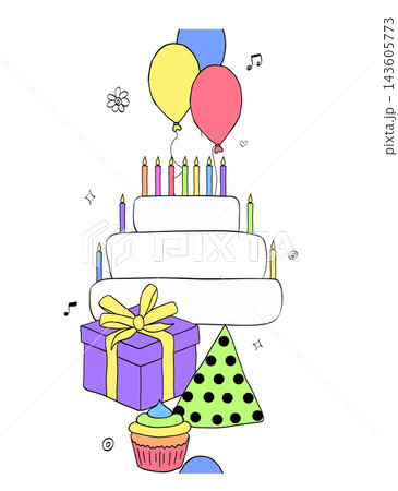 Happy birthday seamless border vertical colored hand drawn illustration. Vector graphic line ink art. cake, candles, gifts, balloons. Sample poster, invitation, holiday banner, postcard. 143605773