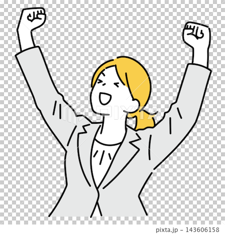 An illustration of a female office worker making a victory pose with both hands. An illustration of a female office worker making a victory pose with both hands. 143606158