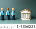 Businesspeople lined up at the bank. Refinancing of distressed loans. A bank run and clients withdrawing funds. Cooperation between the bank and the business sector. 143606223