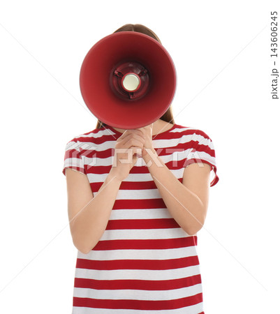 Young woman with megaphone on white background 143606245