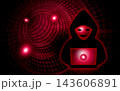 赤い二進数を背景にした仮面のハッカーとノートパソコン、サイバー犯罪のイメージ 143606891