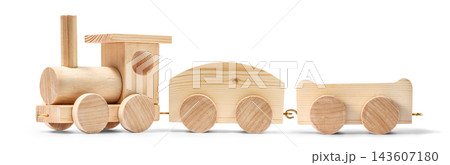 Handcrafted wooden toy train set with locomotive and two carriages isolated on transparent 143607180