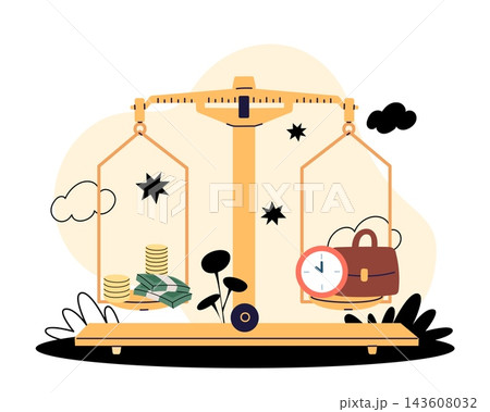 Work life balance. Money vs time comparison, business priorities, justice scale comparing cash stacks with work bag and clock, financial decision making vector cartoon isolated concept Work life balance. Money vs time comparison, business priorities, justice scale comparing cash stacks with work bag and clock, financial decision making vector cartoon isolated concept 143608032