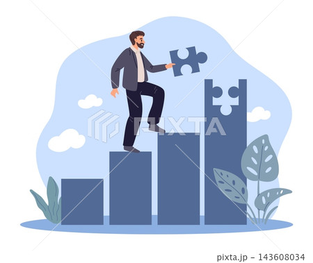 Business growth and career development. Professional assembling puzzle pieces on rising steps, manager productivity problem solving, planning strategy, vector cartoon isolated concept Business growth and career development. Professional assembling puzzle pieces on rising steps, manager productivity problem solving, planning strategy, vector cartoon isolated concept 143608034