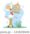 Creative freedom. Flying idea, open birdcage and inspiration, optimistic scene, happy woman, success and new opportunity, mindset motivation, wellbeing vector cartoon isolated concept 143608046