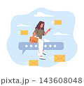 Email communication and instant messaging. Businesswoman managing inbox, envelope flying, online communication, dialog speech bubbles, mobile interface, vector cartoon isolated concept 143608048