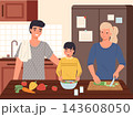 Family cooking together. Happy parents and child preparing fresh meal in home kitchen, healthy food preparation, teamwork, parenting and household routine. Vector cartoon flat illustration 143608050