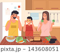 Family cooking. Mother, father and children in kitchen interior, food preparation, happy people cook meals together, joint dinner making healthy eating. Vector cartoon isolated illustration 143608051