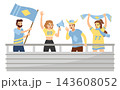 Fans cheering in stadium. Sports supporters with flag, scarf and megaphone on grandstand, team spirit, match excitement, collective celebration during competition. Vector cartoon illustration 143608052