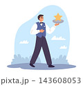 Five star customer service. Professional waiter, hospitality, quality and excellent service, award symbol on tray, satisfaction in restaurant or hotel industry vector cartoon concept 143608053
