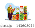 Food preservation quality control. Inspector checking homemade canned vegetables and pickled food in glass containers, inspection organization in supermarket vector cartoon isolated concept 143608054