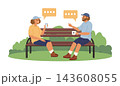 Friends chatting on park bench. Casual conversation, communication and social connection, happy couple man and woman specking togetherness outdoors, vector cartoon isolated dialogue concept 143608055