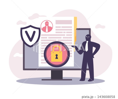 Personal data protection. Document security, privacy compliance, access control, computer screen with database, privacy verification symbol, compliance management vector cartoon flat concept 143608058