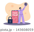 Secure mobile passcode authentication. Smartphone account access protection and digital security. Person with passcode screen. Privacy control, digital management vector cartoon flat concept 143608059