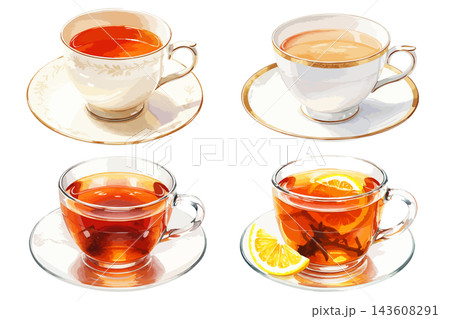 紅茶のシンプルな水彩風のイラストセット素材（ミルクティー、レモンティー、ティーカップ、カフェ） 143608291