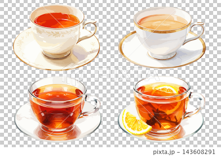 一組簡單的水彩風格茶插圖(奶茶、檸檬茶、茶杯、咖啡館)。 一組簡單的水彩風格茶插圖(奶茶、檸檬茶、茶杯、咖啡館)。 143608291