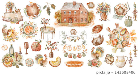 Thanksgiving Watercolor Clipart Collection with Turkey, Pumpkins, Autumn Leaves, Food and Decorations 143608406