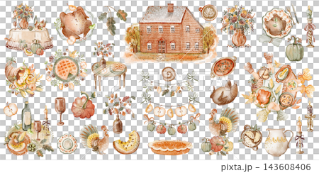 Thanksgiving Watercolor Clipart Collection with Turkey, Pumpkins, Autumn Leaves, Food and Decorations 143608406