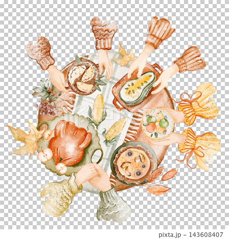 Thanksgiving Dinner Table with Turkey and Autumn Decorations Watercolor Illustration Thanksgiving Dinner Table with Turkey and Autumn Decorations Watercolor Illustration 143608407