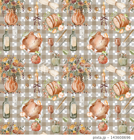 Thanksgiving Cottagecore Watercolor Seamless Pattern with Turkey, Pumpkins, Autumn Leaves and Festive Food 143608696