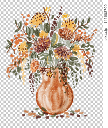 Autumn Bouquet of Dried Flowers and Leaves in Brown Vase Watercolor Illustration Autumn Bouquet of Dried Flowers and Leaves in Brown Vase Watercolor Illustration 143608700