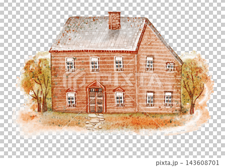 Old Estate House in Autumn Colors, Watercolor Illustration 143608701