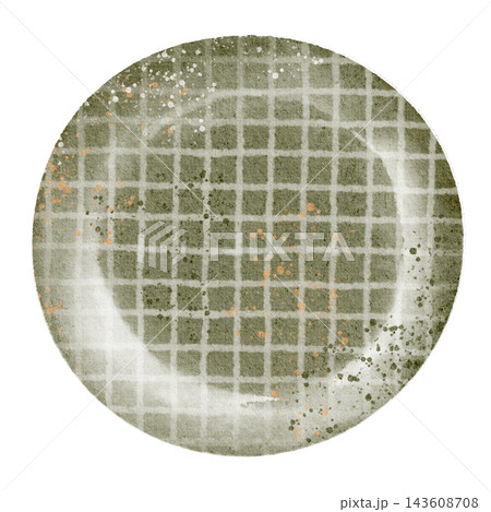 Empty Round Clay Plate Cottagecore Watercolor Illustration, Top View 143608708