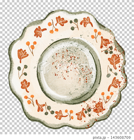 Empty Round Clay Plate Cottagecore Watercolor Illustration, Top View Empty Round Clay Plate Cottagecore Watercolor Illustration, Top View 143608709