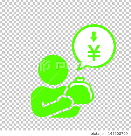 A green icon of a person indicating a decrease in household expenses or balance. A green icon of a person indicating a decrease in household expenses or balance. 143608790