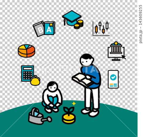 An illustration of a parent and child working on saving for education and building wealth. It features financial icons and a coin sprout design. An illustration of a parent and child working on saving for education and building wealth. It features financial icons and a coin sprout design. 143609255