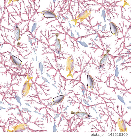 Seamless marine pattern with corals and fish. An isolated watercolor illustration for the design of swimwear, sarongs, pool and water park decor, seafood packaging, and napkins. 143610309