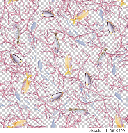 Seamless marine pattern with corals and fish. An isolated watercolor illustration for the design of swimwear, sarongs, pool and water park decor, seafood packaging, and napkins. 143610309