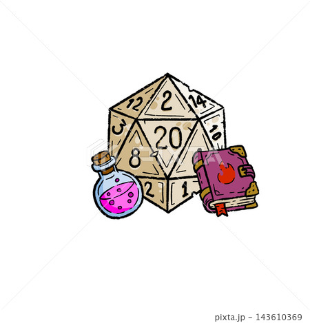 D20 dice potion book, hand drawn tabletop game set, pink magic flask purple spellbook. Fantasy rpg gambling icon, dice twenty sides beige. D20 dice potion adventure 143610369
